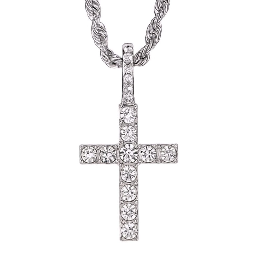 White Gold CZ Cross Pendant Necklace - Stainless Steel Rope Chain 22”